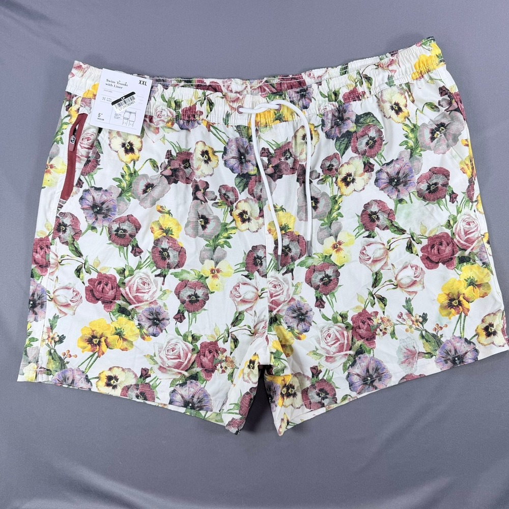 Goodfellow Mens XXL White Floral Stretch 5 inch Inseam Swim Trunks Board Shorts